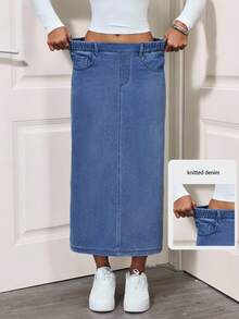 SHEIN Unity Damen Denim Rock mit elastischem Bund, Taschen und Schlitz, minimalistisch, vielseitig und lässig - Blau - Übersicht 6