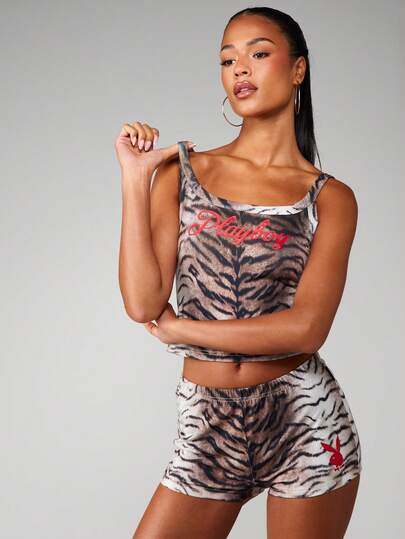 Missguided x Playboy Tiger Print Cami Tank Top And Matching Booty Shorts Two Piece Co-Ord Set Festival Summer Outfit