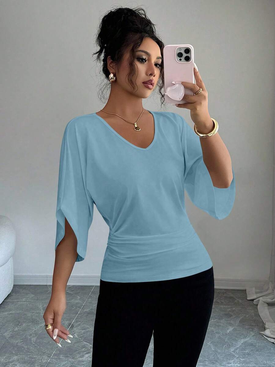 Elenzga Women's Solid Color Mid-Sleeve Cinched Waist Ruched Batwing Sleeve V-Neck Short Sleeve T-Shirt - Blue - View 1