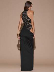 SHEIN BAE 1 件女式无袖不对称蕾丝紧身连衣裤，优雅的黑色长裙，适合圣诞节、万圣节、派对、正式场合、伴娘礼服、生日礼服，黄色缎面长裙，适合圣诞节、鸡尾酒会、商务休闲 - 黑色 - 查看 2