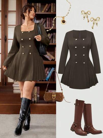 Vionelle 大码女式双排扣金属纽扣领连衣裙，收腰，褶边下摆，复古学院风