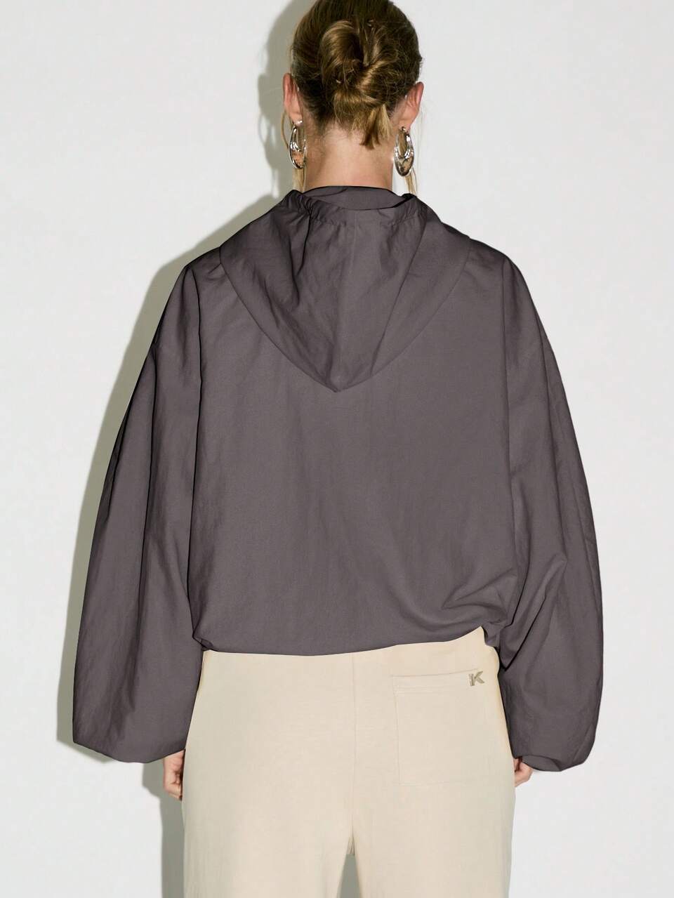 KIZN Oversized Hooded Tech Jacket With Full Zip Closure And Drawstring Details For Fall Winter Fashion