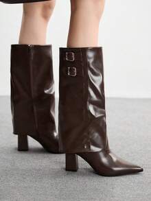 CUCCOO BIZCHIC High Shaft Pointed Toe Chunky Heel Side Zipper European And American Fashion Women Boots - Brown - View 3