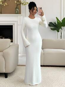 Rafferiza Women's Solid Color Round Neck Fitted Dress, Autumn, Christmas - White - View 1