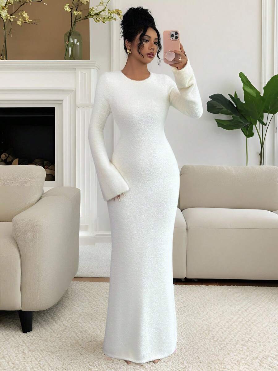 Rafferiza Women's Solid Color Round Neck Fitted Dress, Autumn, Christmas - White - View 1
