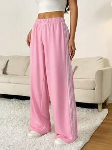 SHEIN PETITE Back To School Fall Outfits Women Clothes Women's Casual Wide Leg Sweatpants With Contrasting Stripes, Pink,Fall Clothes For Women Baggy - Pink - View 11