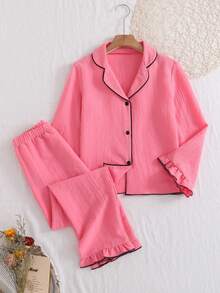 Girls Pink & Black Trim Casual Cardigan With Ruffle Collar 2 Pieces Loungewear Set,Tween Girl Pajamas For Fall&Winter Clothings - Pink - View 3