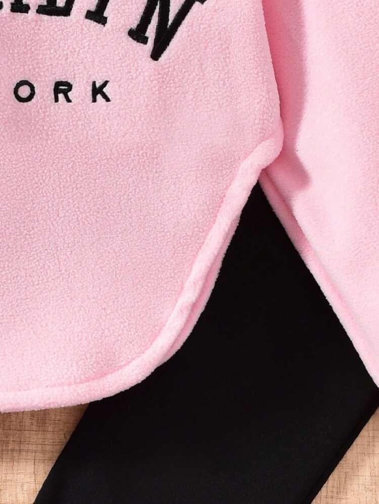 Tween Girl Embroidered Letter Long Sleeve Fuzzy Hoodie And Black Leggings Casual Outfit, Autumn/Winter - Pink - View 3