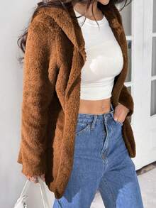 SHEIN EZwear 秋冬休闲慕斯棕色双面宽松连帽衫 - 摩卡棕 - 查看 6