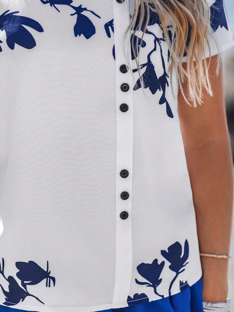 Women's Fashionable Flower Printed Short Sleeve Shirt For Summer