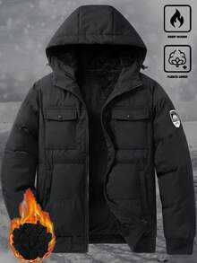 Manfinity Homme 男士保暖连帽绗缝外套，多口袋设计，宽松休闲百搭长袖羽绒服，适合商务、通勤和日常穿着，黑色法兰绒，秋冬款 - 黑色 - 查看 4