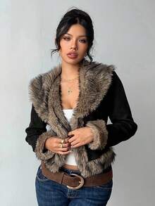 Aloruh 女士秋冬绒面抓绒外套，黑色波西米亚性感外衣，拼接人造毛皮大衣 - 黑色 - 查看 6