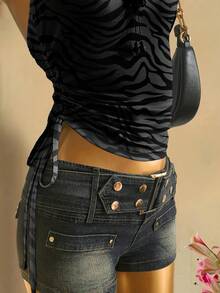 Attitoon 女式休闲斑马纹抽绳系带短款吊带背心，春夏季时尚 - 深灰色 - 查看 8