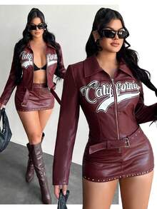 SHEIN SXY Burgunderrote Jacke mit Buchstaben-Muster, figurbetont, mit Reißverschluss, Herbst-Winter-Kleidung für Frauen