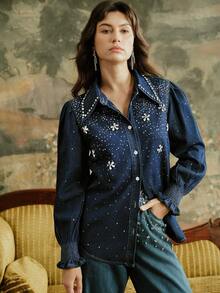 Anewsta 女士闪耀钻石时尚服饰蓝色衬衫，适合秋冬约会 - 藍色 - 查看 6