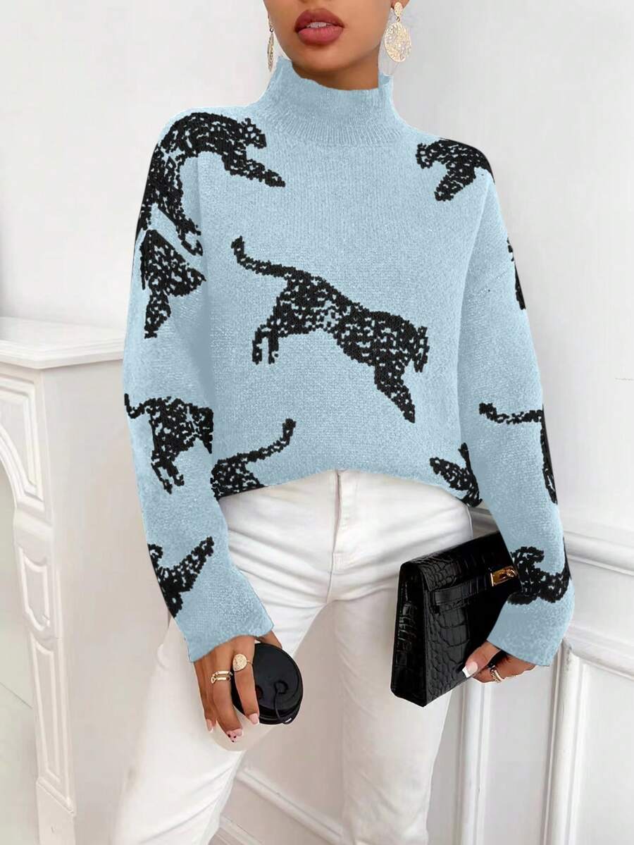 SHEIN Clasi Áo len cổ lọ tay dài họa tiết động vật dành cho nữ - Màu xanh nhạt - Xem 1