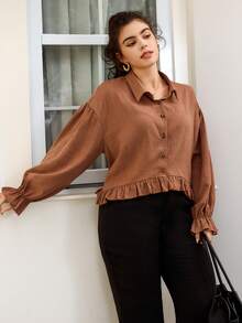 SHEIN Frenchy Blusa Casual Plus Size com Babado na Barra, Cor Sólida, Outono - Castanho - Visão 4
