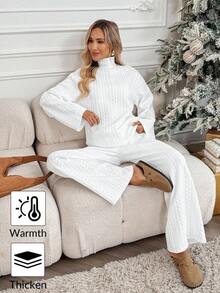 SHEIN LUNE 2 件女式加厚纹理面料白色运动衫套装，高领长袖宽松运动衫和直筒裤，秋冬休闲舒适服装 - 白色 - 查看 2