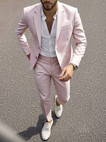 Manfinity Mode 1套前扣口袋长袖西装外套和裤子套装 - 藕粉色 - 查看 1