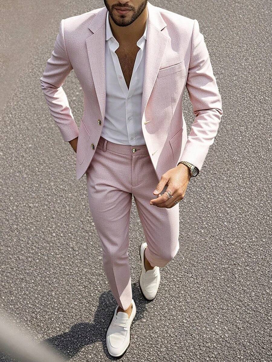 Manfinity Mode 1套前扣口袋长袖西装外套和裤子套装 - 藕粉色 - 查看 1