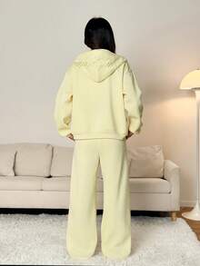 SHEIN PETITE 女式休闲纯色连帽衫和运动裤两件套 - 黃色 - 查看 8