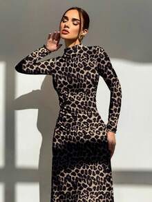 Aloruh Vestido de manga larga con cuello alto y estampado de leopardo para mujer - Multicolor - Ver 6