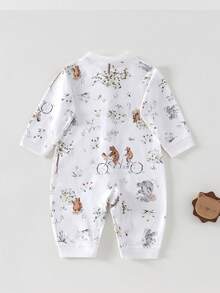 Baby Boy Elephant & Plant Print Front Button Long Sleeve Jumpsuit, Comfortable And Soft