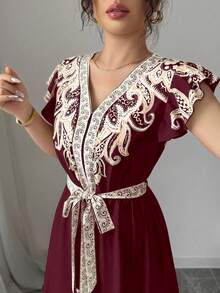 Elenzga Women's Romantic Vacation Bohemian Style Printed Dress - Burgundy - View 6