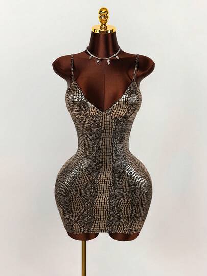  Y2K Amplova Women's Snake Skin Texture Glossy Coated Padded Bustier Bodycon Mini Dress, Autumn/Winter Thanksgiving And New Year Party Dress,Party Dresses For Women,Christmas Party Dress,Party Dresses For Women,Dresses For Women Party