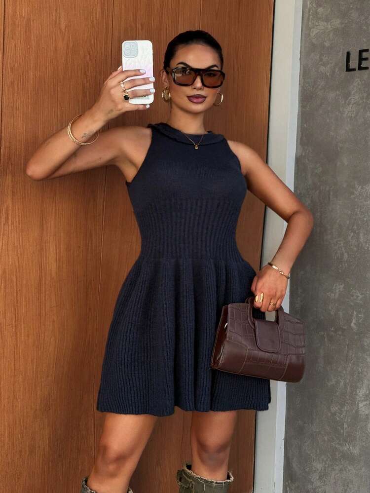Women's Sleeveless Turtleneck A-Line Mini Sweater Dress