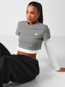 Missguided x Playboy 多层短款罗纹 T 恤条纹长袖多层上衣圆领休闲套头衫 - 彩色 - 查看 3