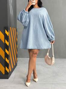 Slaydiva 大码女式圆领落肩长袖休闲宽松牛仔连衣裙 - 藍色 - 查看 1