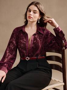 Anewsta Áo sơ mi nữ cỡ lớn màu đỏ vintage, chất liệu nhung, thiết kế họa tiết cháy xém, dáng rộng, thích hợp cho trang phục lễ hội, ngày Valentine, hoặc đi nghỉ mát. - Đỏ - Xem 2