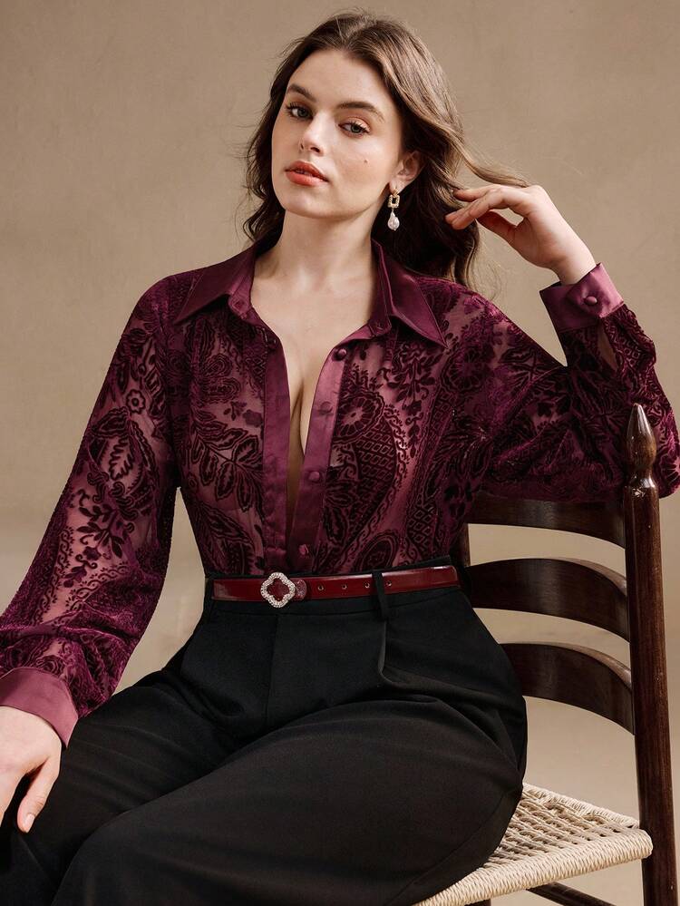 Camisa vintage roja holgada con diseño de quemado de terciopelo para mujer de talla grande, adecuada para disfraz de carnaval, San Valentín, vacaciones