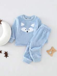 2pcs Fox Embroidery Fleece Thickened Casual Sleepwear Set, Long Sleeve Top And Pants, Suitable For Toddler Boys In Autumn/Winter Toddler Sets Baby Pajama Sets Cozy Pixies Baby Boys Set Baby Boy Winter Sets Baby Pj Set - Light Grey - View 1
