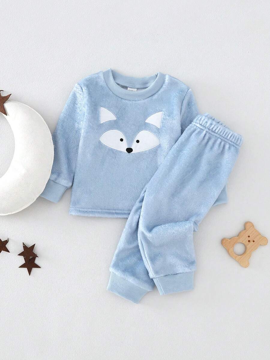 2pcs Fox Embroidery Fleece Thickened Casual Sleepwear Set, Long Sleeve Top And Pants, Suitable For Toddler Boys In Autumn/Winter Toddler Sets Baby Pajama Sets Cozy Pixies Baby Boys Set Baby Boy Winter Sets Baby Pj Set - Light Grey - View 1