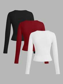 SHEIN EZwear 3 件套女士休闲宽领紧身长袖 T 恤套装，秋冬 - 彩色 - 查看 2