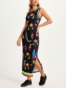 CAJUNI Đầm dệt kim in họa tiết dáng lửng cho nữ, đầm midi nữ, đầm dài mùa hè cho nữ, đầm dài đi biển cho nữ, đầm dài đến mắt cá chân, đầm dài cho nữ, đầm dài cho nữ, đầm không tay, đầm in họa tiết, đầm midi nữ - màu đen - Xem 4