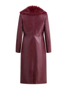 Amorya New Year Clothes,Women's Elegant High-End Cinched Waist Detachable Faux Fur Collar PU Jacket, Autumn/Winter Women's Winter Clothes  New Year Clothes  Christmas Women's Clothing Christmas - Burgundy - View 8