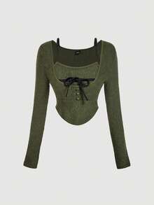 SHEIN MOD 1件装女士绿色可爱撞色滚边二合一T恤，保暖内衬上衣，时尚秋冬长袖上衣，新年外出必备 - 軍綠色 - 查看 1