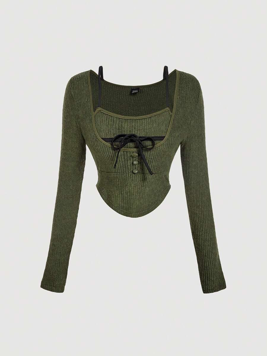 SHEIN MOD 1件装女士绿色可爱撞色滚边二合一T恤，保暖内衬上衣，时尚秋冬长袖上衣，新年外出必备 - 軍綠色 - 查看 1