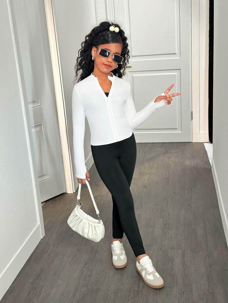 SHEIN 青少年女孩黑色立领拉链针织运动服套装(含紧身裤)、运动套装、运动休闲套装、慢跑套装 - 黑與白 - 查看 1