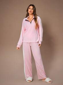 Lazeform 女士休闲撞色拼接半拉链领长袖上衣和阔腿裤家居服套装 粉色针织睡衣套装 粉色睡衣套装，冬季服装 - 粉色 - 查看 4