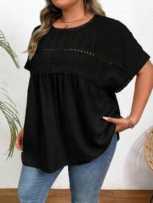 SHEIN CURVE+ Áo sơ mi Dolman ren tương phản cỡ lớn của Thụy Sĩ - màu đen - Xem 6