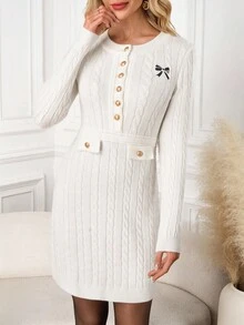 Ellevyn 女士优雅通勤蝴蝶结刺绣修身针织连衣裙