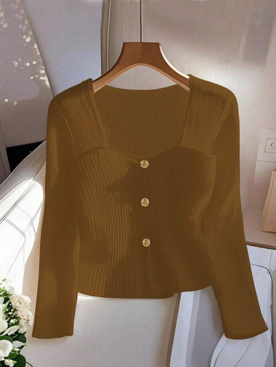 GlowEve 女士时尚商务休闲纯色鸡心领长袖罗纹针织金属纽扣装饰T恤，春秋季 - 咖啡棕 - 查看 1