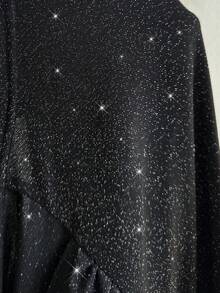 NU&NOW 大码女式性感派对闪亮弹力面料紧身衣，合身鸡心领，长袖 - 黑色 - 查看 7