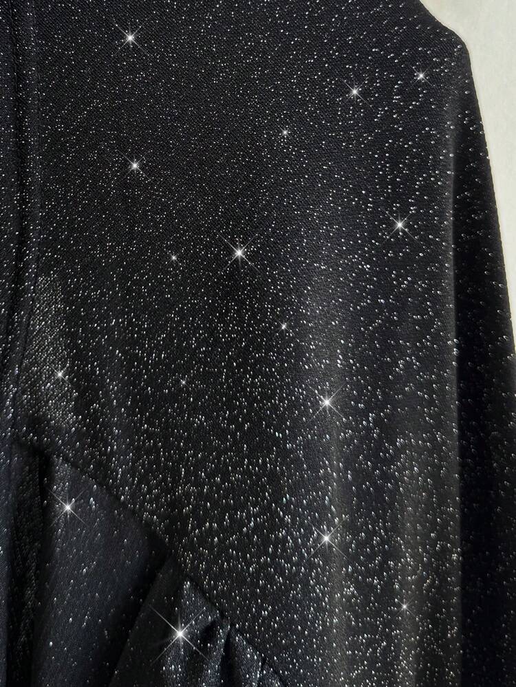 NU&NOW 大码女式性感派对闪亮弹力面料紧身衣，合身鸡心领，长袖 - 黑色 - 查看 7