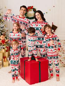 SHEIN 青少年女孩休闲时尚百搭针织圆领可爱卡通印花 T 恤和格子紧身裤睡衣套装，圣诞节搭配家庭家居服 - 彩色 - 查看 2