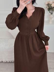 Feyla Women's Solid Color V-Neck Button Design Puff Sleeve Elegant Dress - Coffee Brown - View 2